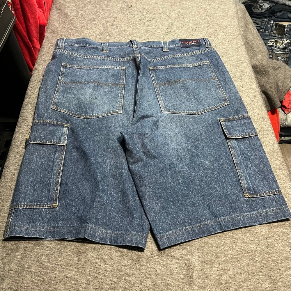 Vintage Tommy Jeans Mens 44 Blue Denim Cargo Shorts Baggy 90s Streetwear Skater